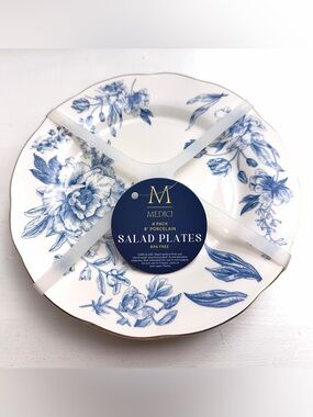Medici Blue Floral Porcelain Plates Set of 4 Gold Rim 8”